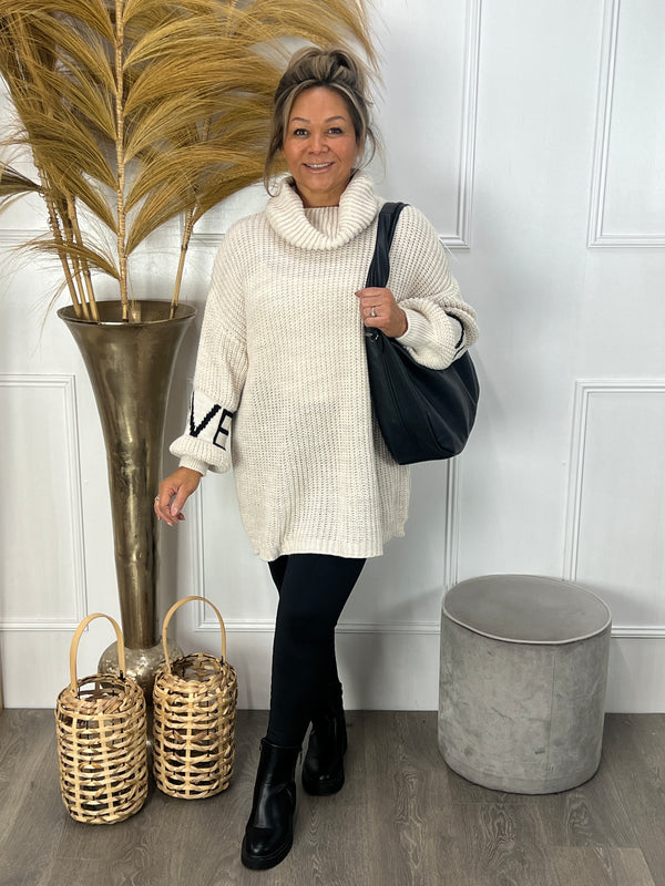 Gebreide trui met col LOVE roomwit