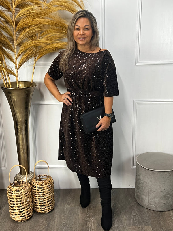 Pailletten jurk Lara chocoladebruin