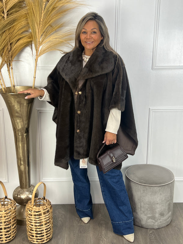 Faux fur poncho jas bruin