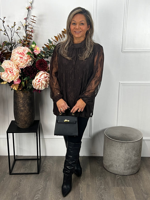 Kanten blouse Liv plus size chocoladebruin